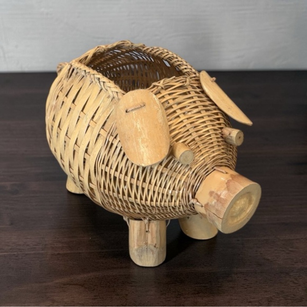 Vintage Wicker & Bamboo Pig Shaped Planter Basket Handwoven Whimsical Decor EUC
